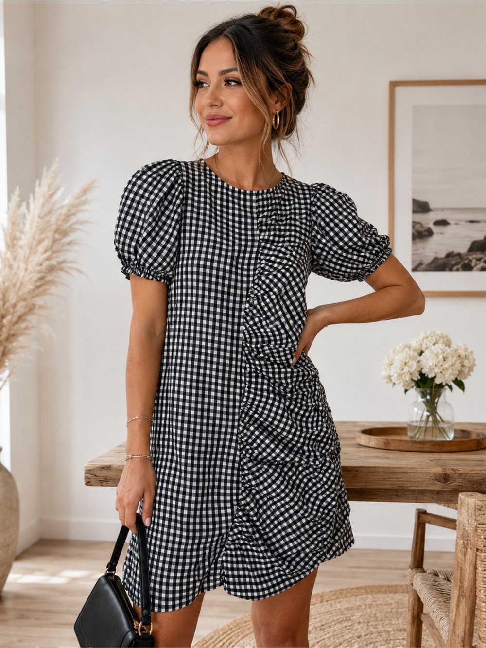 GANNI Black White Gingham Ruched Puff Sleeve Mini Dress EU 38